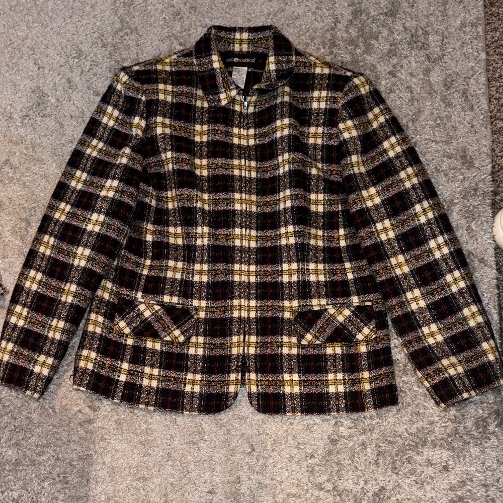 Sag Harbor Plaid Zip-Up Jacket in Black and Cream with Red and Yellow Accents